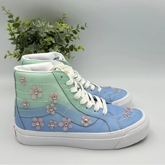 Vans Women’s Sandy Liang High Top Blue and Green Leather Boots Sneakers Size 5.5 - Picture 1 of 11